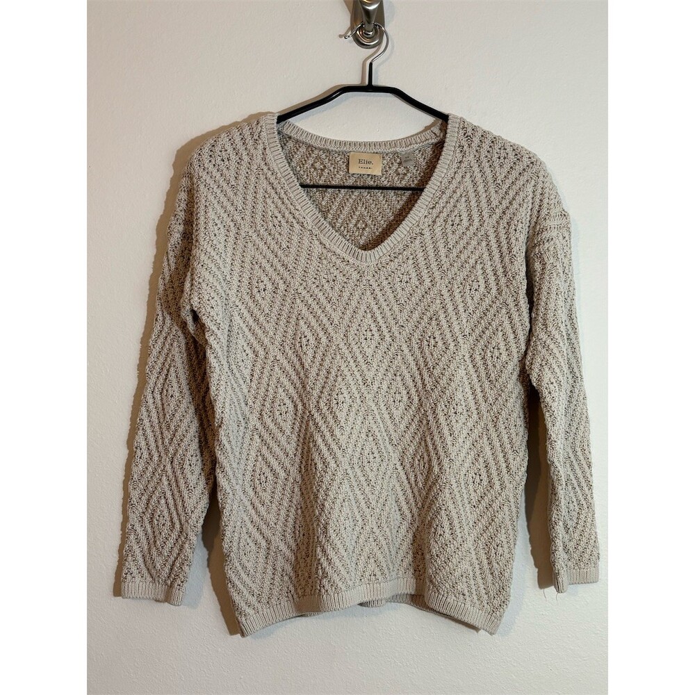 Elie Tahari Sweater Womens S Beige V-Neck Textured Knit Pullover